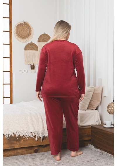 Büyük Beden Kırmızı Likralı Soft Kadife Pijama Takımı Kırmızı