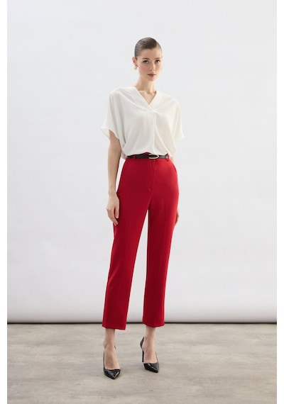 Sateen Kemerli Pantolon - Kırmızı-136700 Kırmızı