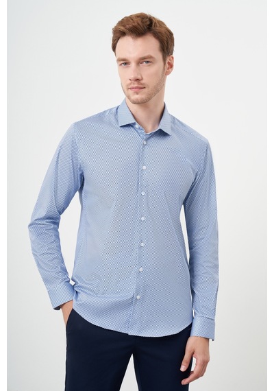 Morven Erkek Mavi Pamuk Baskılı Desenli İtalyan Yaka Slim Fit Gömlek 24mc004115300 Mavi