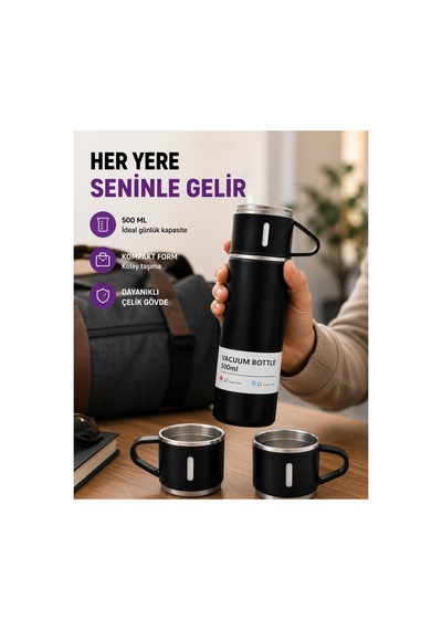 Çelik Termos Bardak Seti 500 Ml Kapasite, Kaymaz Taban, Hediye Kutulu Düz Renk Düz Renk