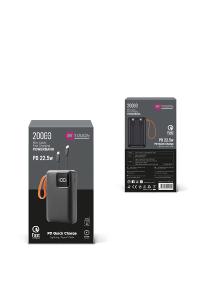 20.000 Mah Mini Kablolu Hızlı Powerbank 22w Pd Quick Fast Taşınabilir Şarj Cihazı Siyah