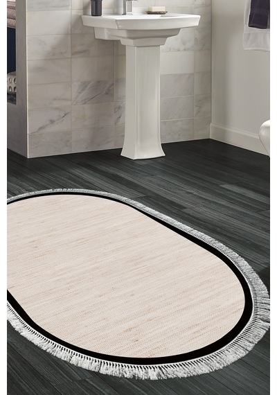 Kaymaz Taban Djt Banyo Mutfak Salon Halı Trend Saçaklı Oval Dokuma Desen E5007 Açık Bej