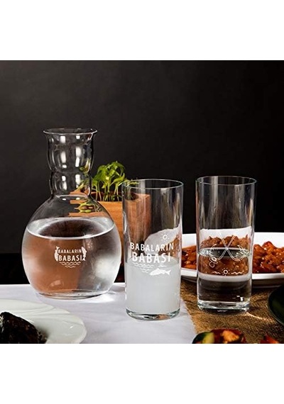 Babaların Babası Esprili Ahşap Kutulu Rakı Seti 2 Adet Kadeh 1 Adet Sürahi Duble Metre Açık Mavi