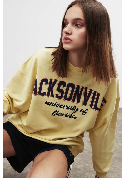 ETHIQUET RA ONA Kadın Oversize Yumuşacık İçi Polarlı Organik Pamuklu Baskılı Yuvarlak Yakalı Sarı Sweatshirt