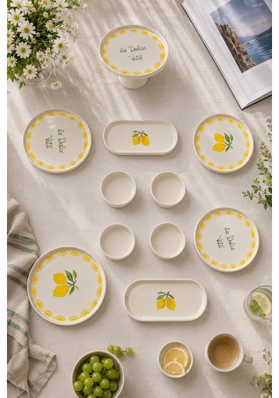 Vita Lemony 11 Parça 6 Kişilik Stackable Seramik Tabak Seti Sunum & Kahvaltı Takımı Ayaklı Sunum Standlı Kahvaltı Takımı Beyaz