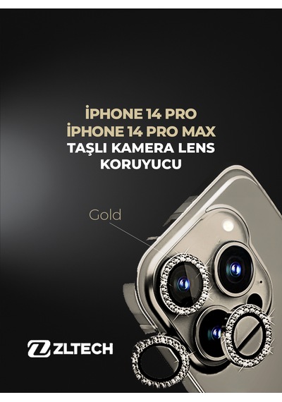 İphone 14pro/14promax Uyumlu Taşlı Kamera Lens Koruyucu Gold