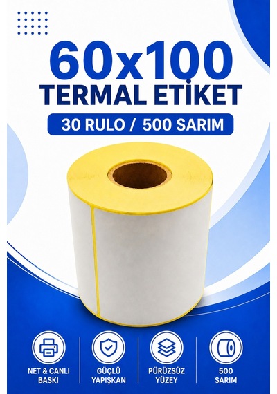 60x100mm Termal Etiket 30 Rulo 500 Sarım Ribonsuz Kargo, Lojistik, Depo Yapışkanlı 1