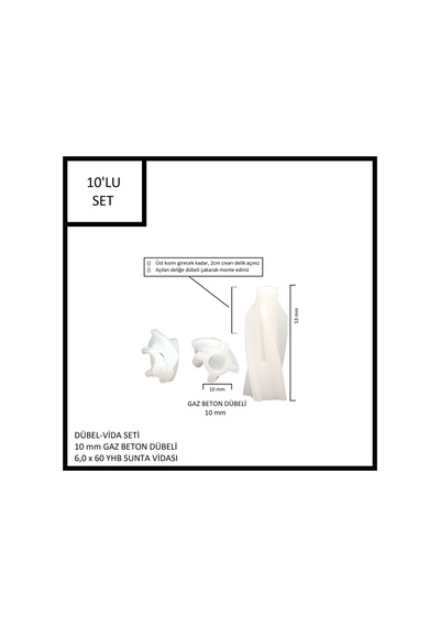 Dübel-vida Seti, Gaz Beton Ytong Dübeli 10 Mm, 6,0x60 Yhb Sunta Vidası, 10 Adet