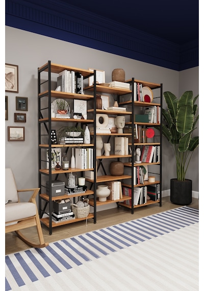 Asra Trend 6 Raflı Metal Kitaplık METALK03 %100 MDF Üç Modüllü Geniş Kütüphane Petra