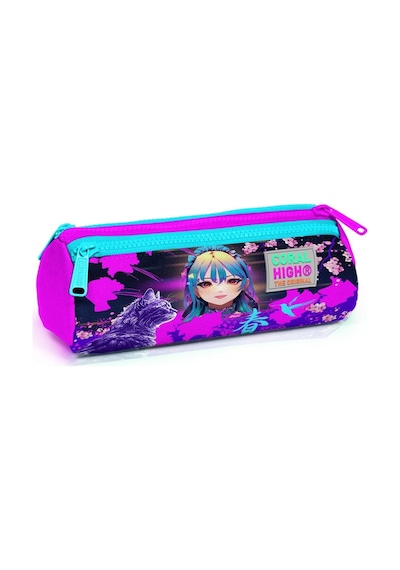 Coral High Mor Pembe Anime Kedi Üç Bölmeli Kalem Çantası - Kız Çocuk