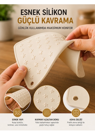Krem Silikon Nihale 16x16 Cm Çok Amaçlı Tencere Tava Altlığı Fırın Tepsi Tutacağı Kavanoz Açacağı Ev