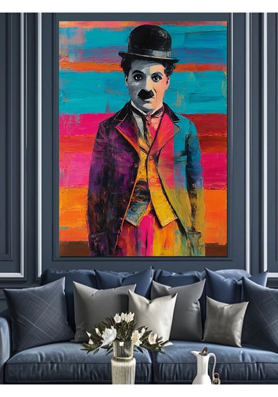 Ahşap Tablo Renkli Charlie Chaplin Portresi