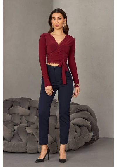 Kadın Dantel Detaylı Kruvaze Bağlamalı Crop Bluz Bordo