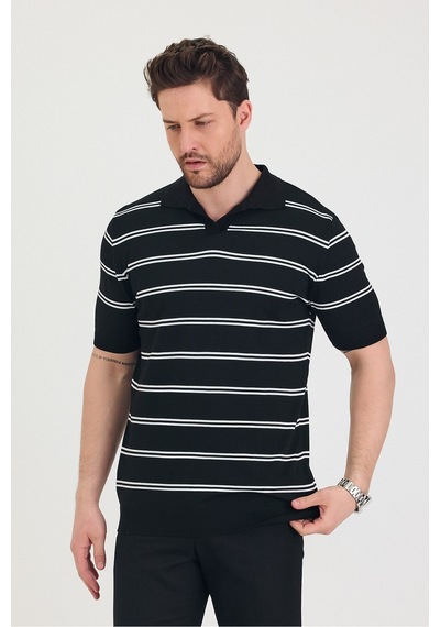 Tarz Cool Erkek Polo Yaka Çift Çizgi Detaylı Triko T-shirt Siyah
