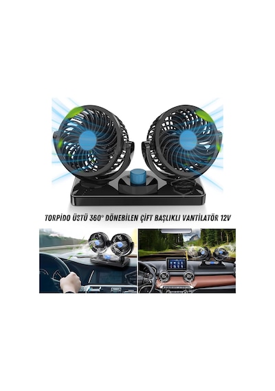 Üniversal Oto Ofis Araç İçi Torpido Üstü Vantilatör Çift Başlıklı Çakmaklık Girişli 2 Kademeli Soğutucu Fan 360 Dönebilen Ultra Sessiz Araç Fanı 12v Mavi 00 Şüscaroto Aksesuar