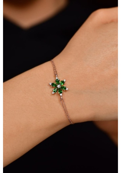 Roza Silver Zümrüt Taşlı Rose Lotus Çiçeği Gümüş Bileklik
