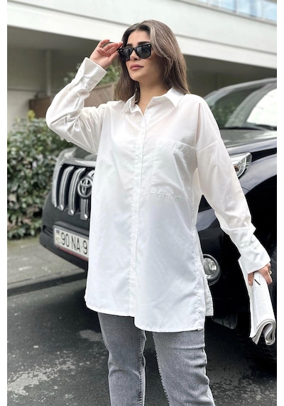 WeShaya Kadın Ekru Terikoton Kumaş, Yırtmaçlı, Rahat Uzun Gömlek Beyaz