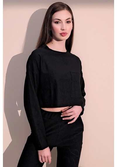 WeShaya Kadın Siyah Kendinden Dokulu Cepli Crop Sweatshirt, Salaş Kesim Siyah