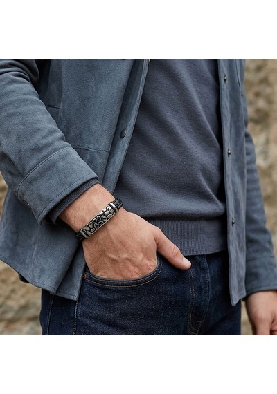 Premium River Stone Motifli Çelik Kilitli Siyah Deri Erkek Bileklik. 31831b8d4