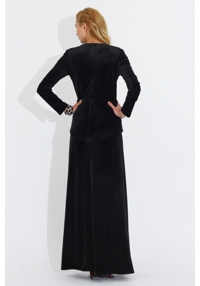 Nidya Moda Büyük Beden Kadife Peplum Elbise-4044S Siyah