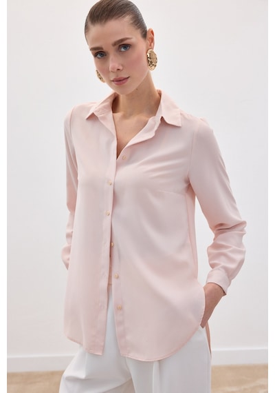 Sateen Düz Klasik Gömlek - Pudra-136120 Pudra