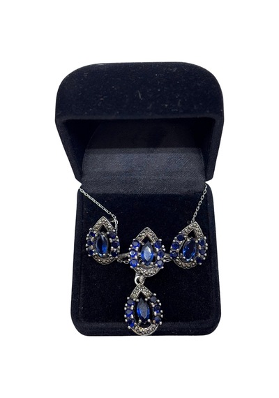 Oya Silver Lacivert Işıltılı Gümüş Damla Markazit Set&takım