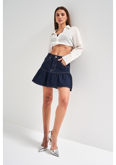 it's basic Kadın Koyu Mavi Renk 1s5-50 Volanlı Süper Mini %100 Koton Denim Etek