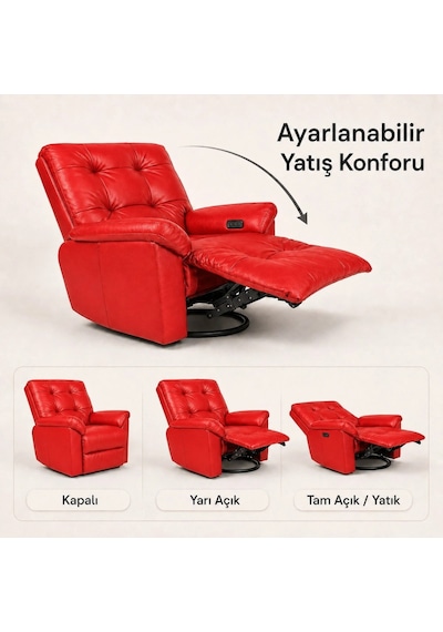 Smarto Relax Zürih Vıp Elektrikli Döner Sallanan Tv Koltuğu Kontrol Panelli Ergonomik Gerçek Deri Baba Koltuğu Kırmızı