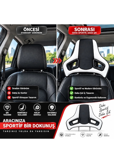 Universal Araç Koltuk Kafalığı Spor Yarış Tipi Lüx Deri Oto Başlık-beyaz