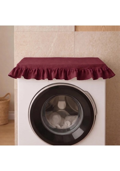 Fırfırlı Çamaşır Makinesi Örtüsü - Çeyizlik Dekoratif Banyo Makine Kılıfı- Bordo