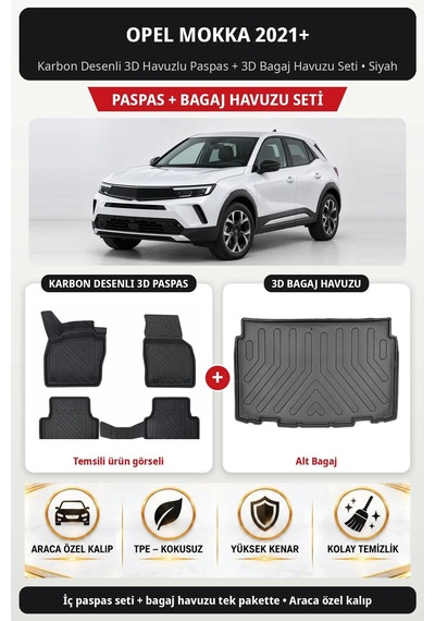 Opel Mokka 2021+ Araca Özel Karbon Desenli 3d Paspas Bagaj Havuzu Set Alt Bagaj Siyah