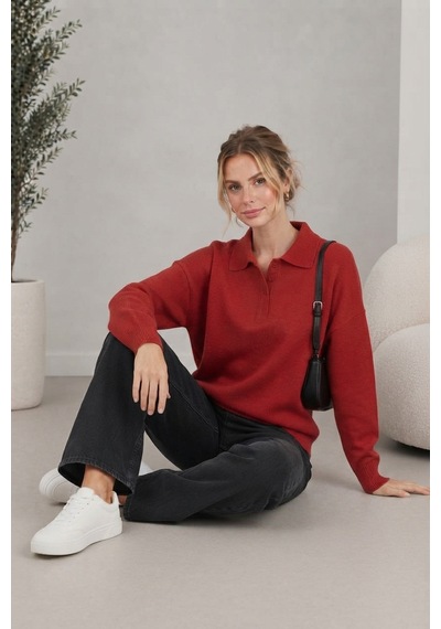 Youknitwear You Aura Polo Yaka Kadın Kazak Açık Kırmızı