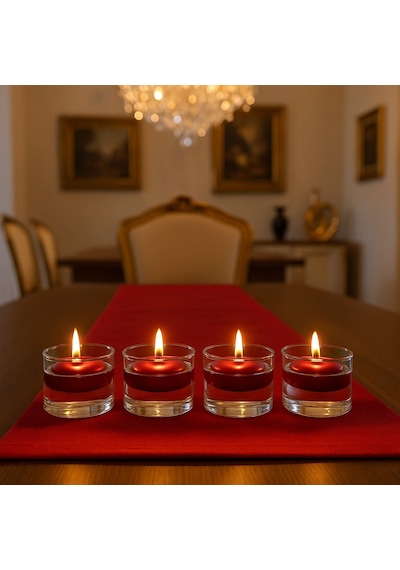 Mumluk- 4 Lu Borosılkat Cam Icerısınde Yuzen Mum-mum Ve Cam Bırlıkte Kirmızı