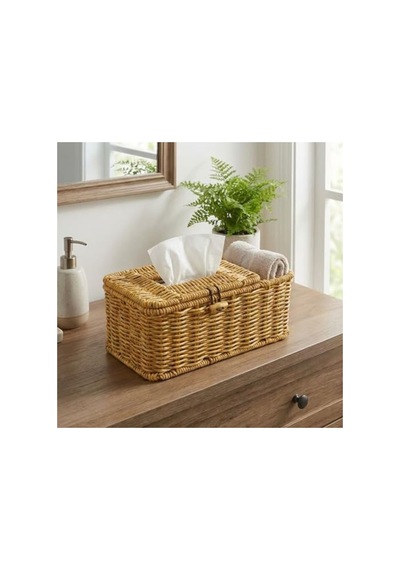 Kapaklı Doğal Rattan Görünümlü Hasır Organizer Sepet, 24x10x10 Cm Açık Ahşap