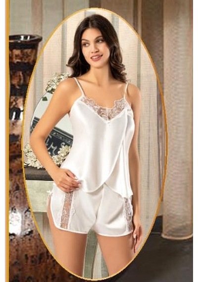 Xses 2165 Kadın Saten Empirme Sabahlıklı 4'lü Pijama Takım-ekru Ekru