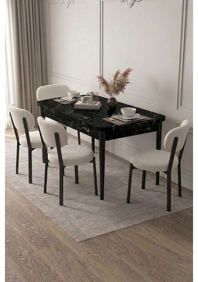 Renlife 4 Kişilik Açılır Mutfak Masa Takımı Yemek Masası Ve Sandalye Seti Metal Ayaklı Siyah Mermer Krem Renlife 4 Kişilik Açılır Mutfak Masa Takımı Yemek Masası Ve Sandalye Seti Metal Ayaklı Siyah Mermer Krem