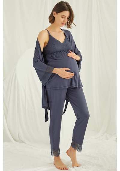 Lohusa Sepeti Lohusasepeti Dantelli Sabahlıklı Askılı Lohusa Pijama Takımı Lacivert - 18432 001