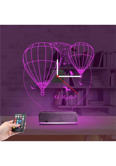 Luvivia Balon Kuş Kişiye Özel Saatli 3d Lamba - Masa Gece Lambası