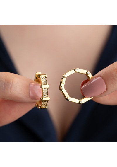 925 Ayar Gümüş Taşlı Köşeli Halka Küpe Gold