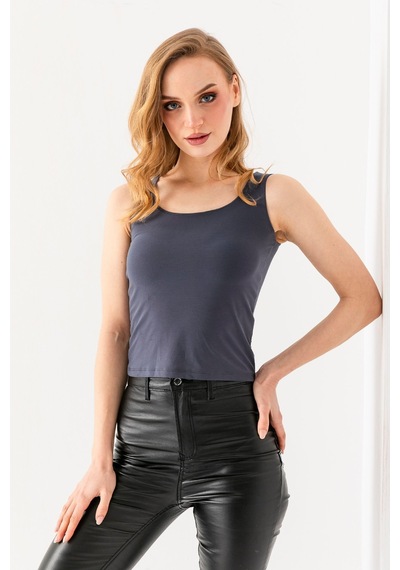 Giysa Kadın Askılı Bisiklet Yaka Basic Bluz Füme - 25y 2409 Füme