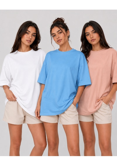 Polymood 3'lü Set Oversize %100 Organik Pamuk Yuvarlak Yakalı Bol Kesim T-shirt Beyaz-mavi-pudra Polymood 3'lü Set Oversize %100 Organik Pamuk Yuvarlak Yakalı Bol Kesim T-shirt Beyaz-mavi-pudra