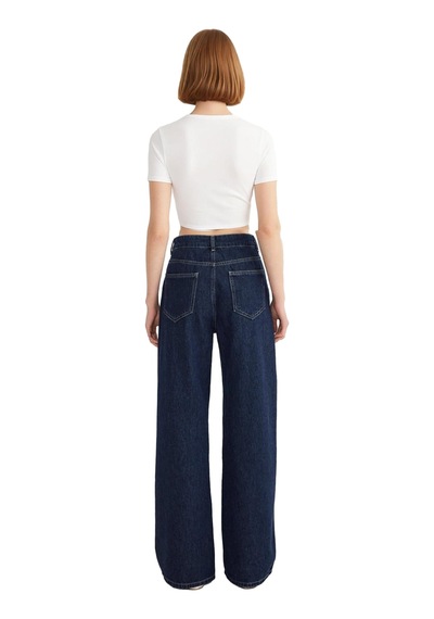 Ersefa Kadın Wide Leg Denim Pantolon Fonksiyonel Dayanıklı Kaliteli Konf Koyu Mavi