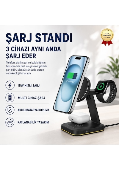 3-in-1 15w Kablosuz Şarj İstasyonu Telefon, Kulaklık Ve Akıllı Saat İçin Hızlı Wireless Charging Stand-1543