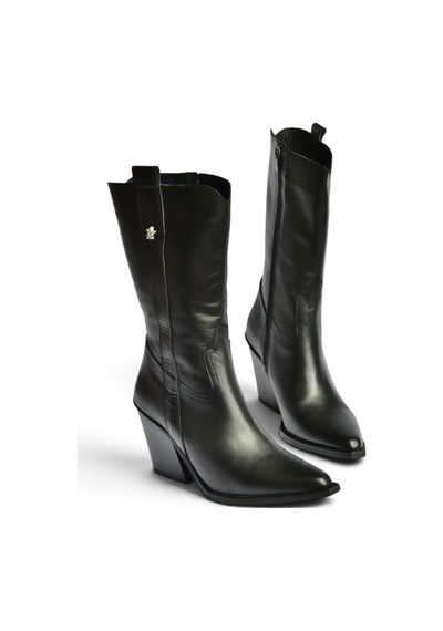 Fox Shoes Z654940103 Siyah Hakiki Deri Kalın Topuklu Western Kadın Çizme