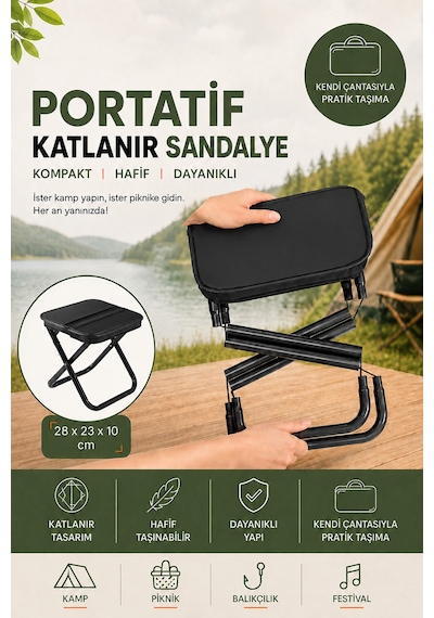 Exenar - Siyah - Katlanır Mini Kamp Sandalyesi Hafif El Çantası Boyutunda Portatif Taşınabilir Piknik Taburesi