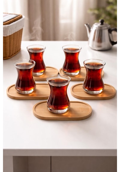 6 Adet Cam İnce Belli Çay Bardağı + 6 Adet Bambu Bardak Altlığı Çay Servis Ve Sunum Seti Şeffaf