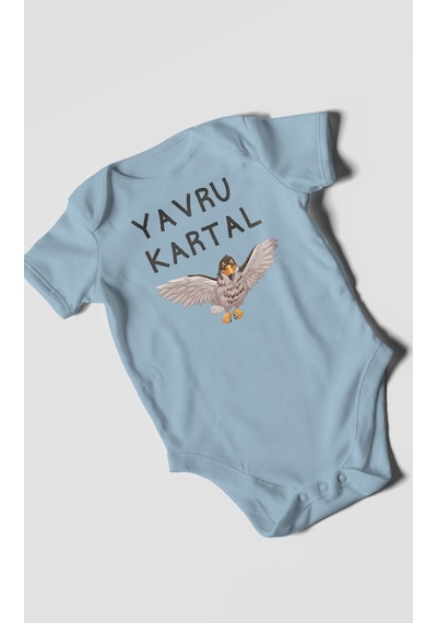 Yavru Kartal Baskılı Bebek Zıbını Çıtçıtlı Body %100 Pamuk Kısa Kol Bebe Mavisi