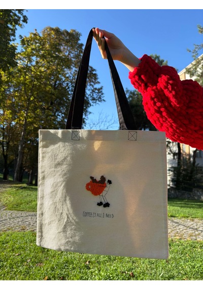 Bolergıashop Coffee Tasarım Canvas Omuz Çantası Bej Punch İşleme