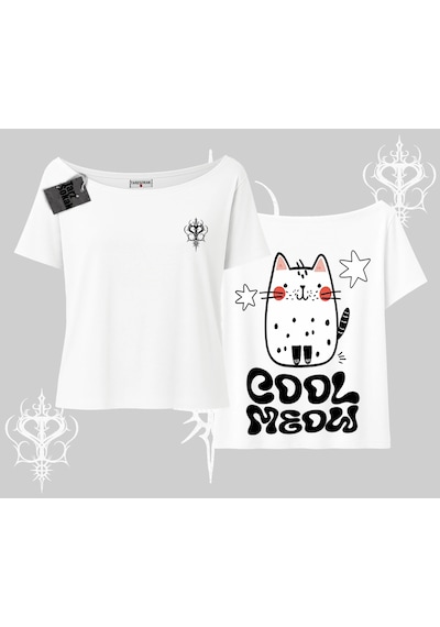 Tarzsokak Cool Meow Yazılı Sevimli Kedi Arka Baskılı Kayık Yaka Tshirt Beyaz Tarzsokak Cool Meow Yazılı Sevimli Kedi Arka Baskılı Kayık Yaka Tshirt Beyaz