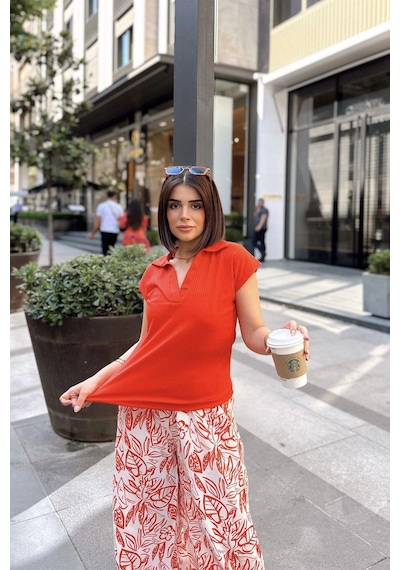Mercan Polo Yaka, Kısa Kol, Fitilli Kaşkorşe Kumaş, Basic Kesim, Spor Ve Günlük Bluz & T-shirt MERCAN